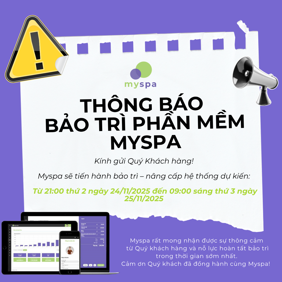 MYSPA THÔNG BÁO BẢO TRÌ VÀ NÂNG CẤP HẠ TẦNG HỆ THỐNG